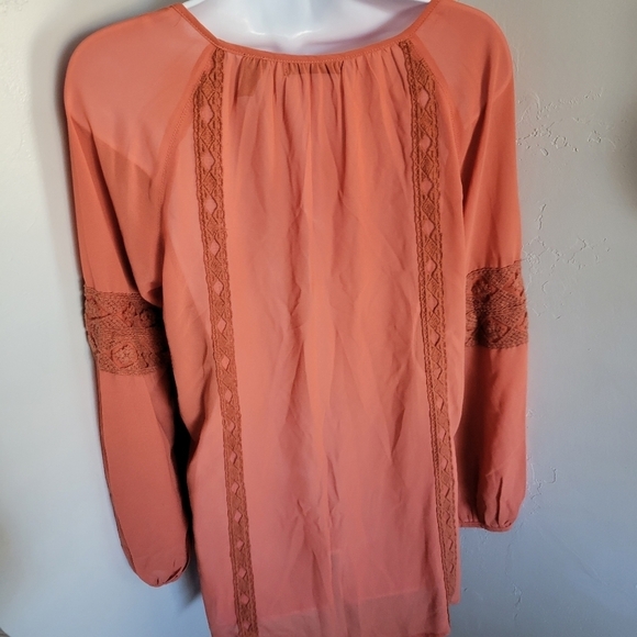 BKE Red Small Orange Long Sleeve Blouse V-neck Chiffon Sheer Boho Bohemian - Picture 4 of 6